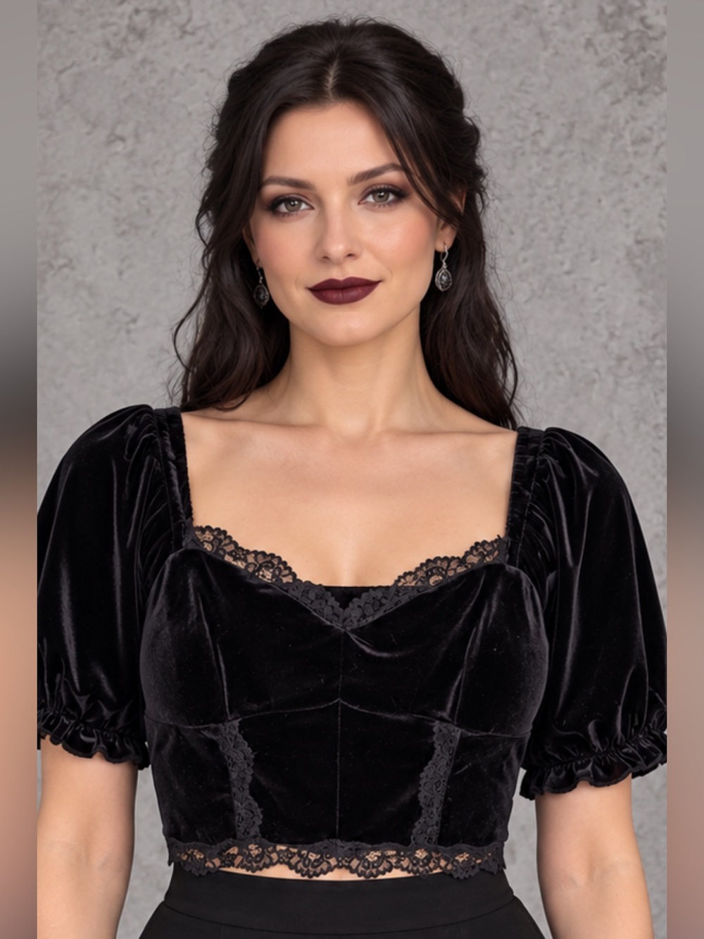 Disturbia Black Velvet Lace Trim Puff Sleeve Gothic Crop Top US 10